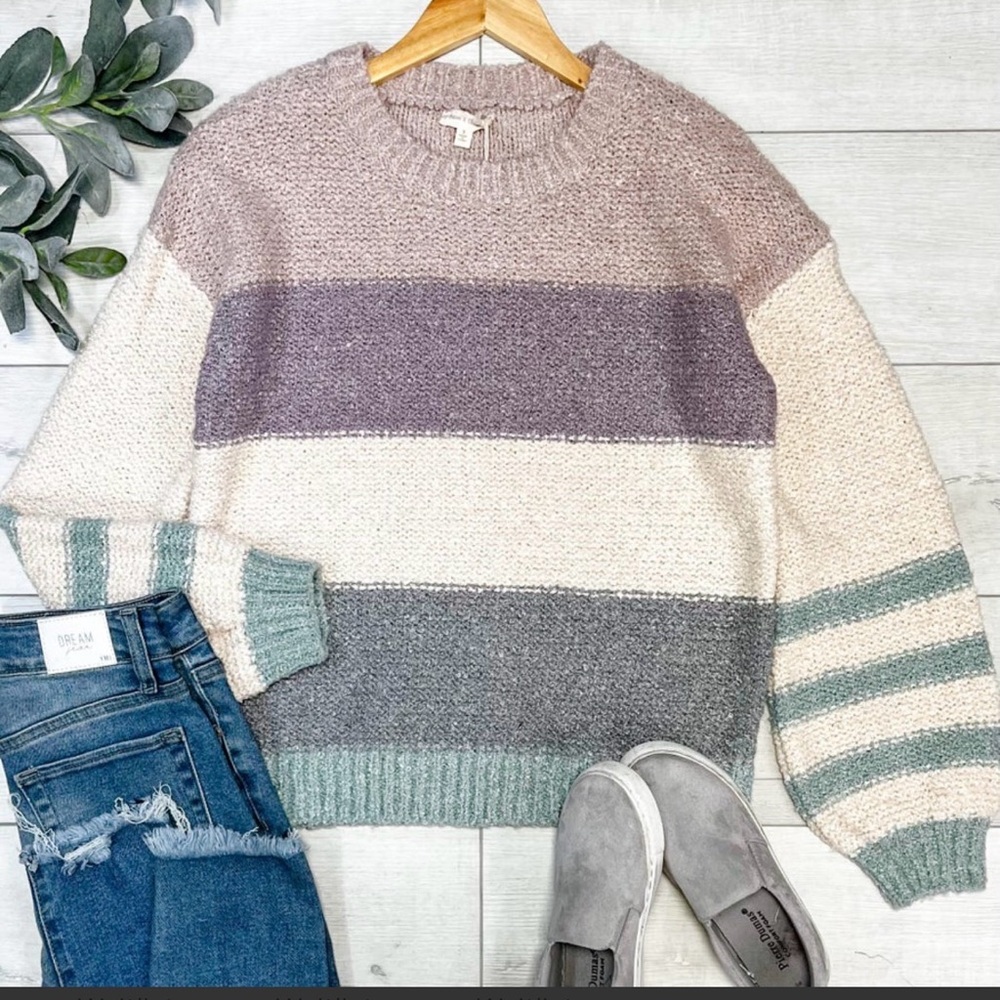 Striped Knit Sweater - Cream, Gray, and Green